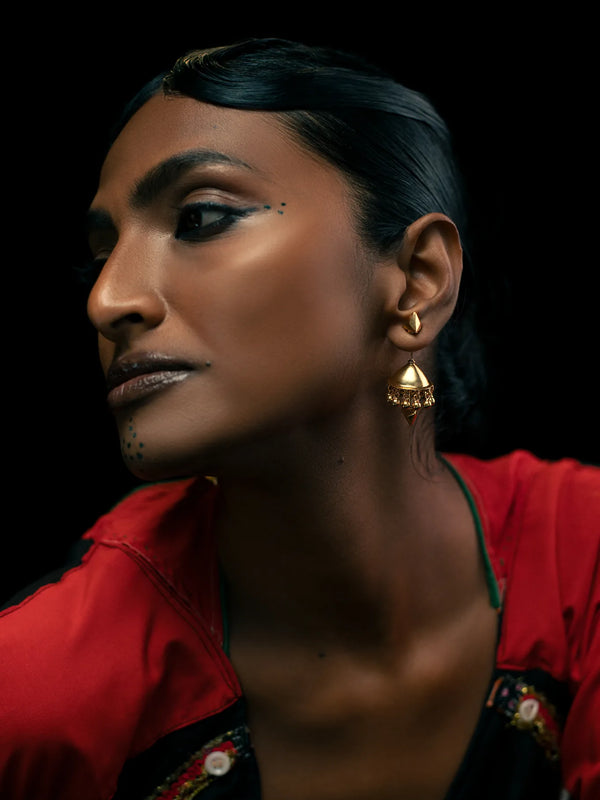 Sacred Geometry Earrings in 18-carat gold plating on sterling silver, worn by a model – earrings, Bhavya Ramesh