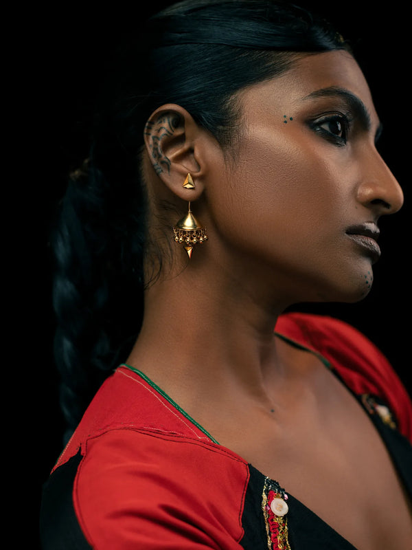 Sacred Geometry Earrings in 18-carat gold plating on sterling silver, worn by a model – earrings, Bhavya Ramesh