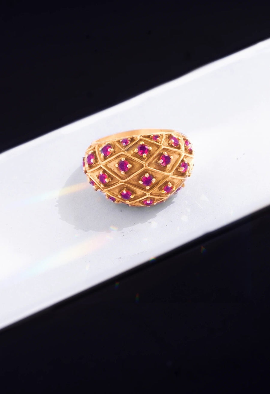 Sarmani Ring in 18-carat gold plating on sterling silver, product photo on black – rings, Bhavya Ramesh