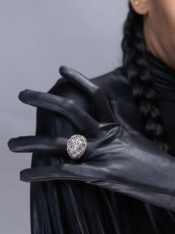 Sarmani Ring in sterling silver, product photo on black – rings, Bhavya Ramesh