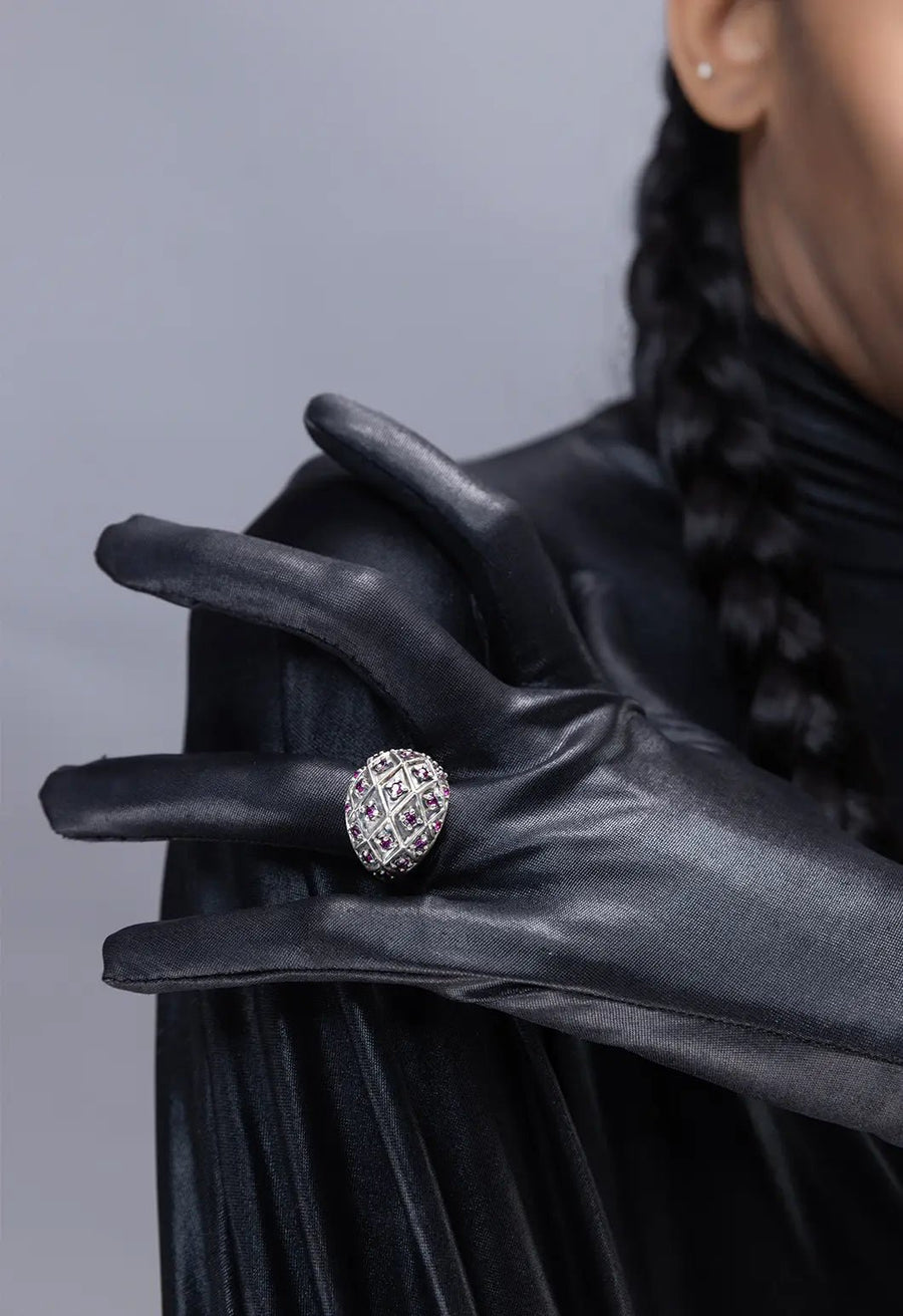 Sarmani Ring in sterling silver, product photo on black – rings, Bhavya Ramesh