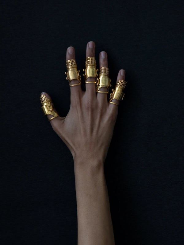 Shining Armour in 18-carat gold plating on sterling silver, worn by a model – rings, Bhavya Ramesh