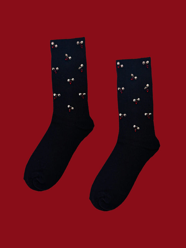 Ghungroo Socks in sterling silver, product photo on black – socks, Bhavya Ramesh