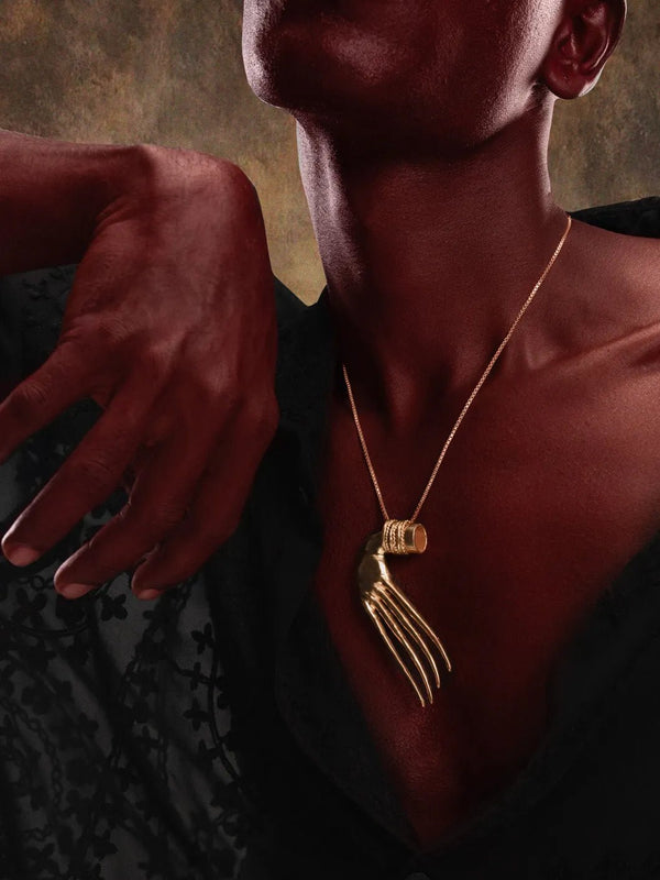 Soul snatcher Neckpiece in 18-carat gold plating on sterling silver, worn by a model – neck pieces, Bhavya Ramesh