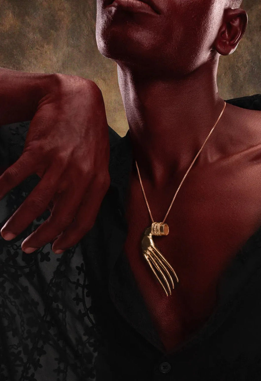 Soul snatcher Neckpiece in 18-carat gold plating on sterling silver, worn by a model – neck pieces, Bhavya Ramesh