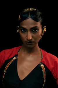 Sundial Earrings in 18-carat gold plating on sterling silver, worn by a model – earrings, Bhavya Ramesh