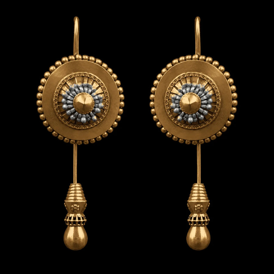 Sundial Earrings in 18-carat gold plating on sterling silver, product photo on black – earrings, Bhavya Ramesh