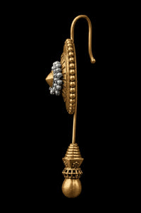 Sundial Earrings in 18-carat gold plating on sterling silver, product photo on black – earrings, Bhavya Ramesh