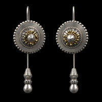 Sundial Earrings in 925 sterling silver, product photo on black – earrings, Bhavya Ramesh