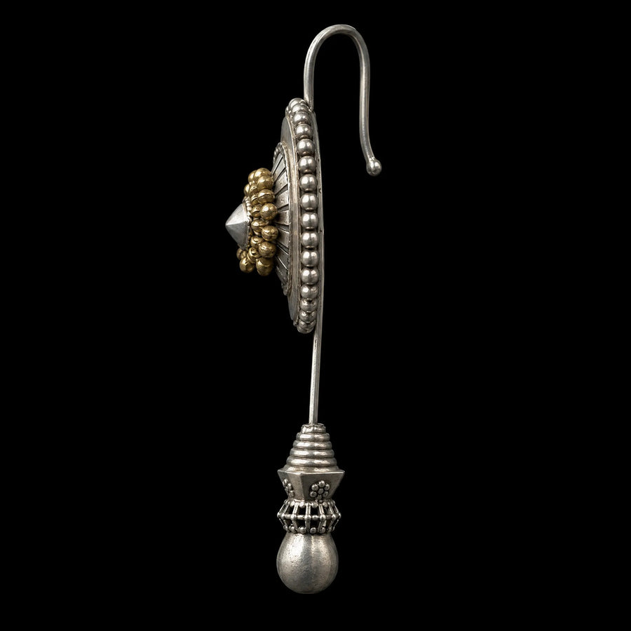 Sundial Earrings in 925 sterling silver, product photo on black – earrings, Bhavya Ramesh