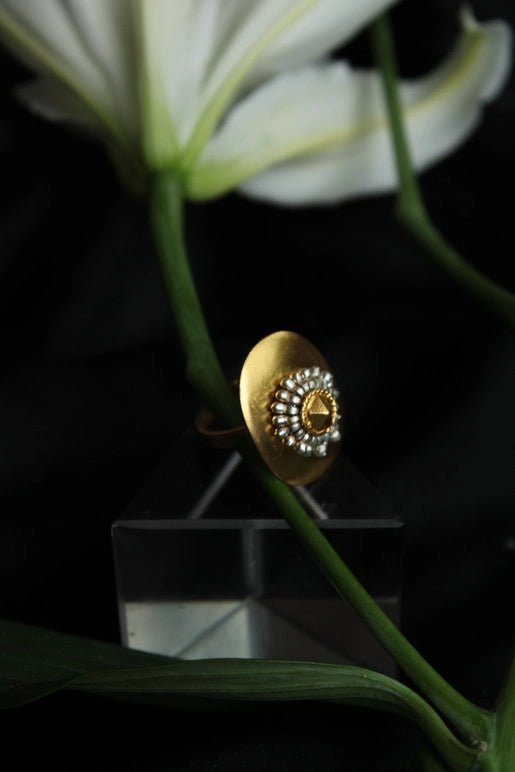Suraj Ring in 18-carat gold plating on sterling silver, product photo on black – rings, Bhavya Ramesh