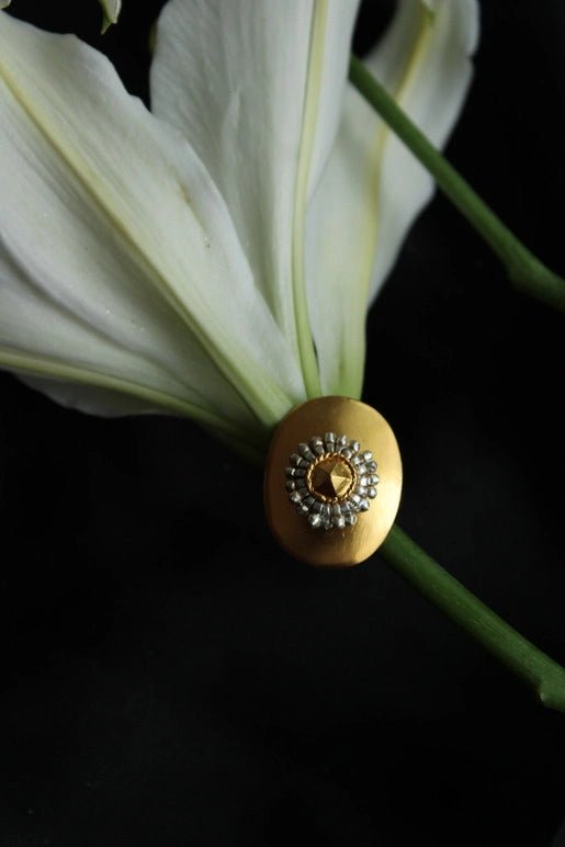 Suraj Ring in 18-carat gold plating on sterling silver, product photo on black – rings, Bhavya Ramesh