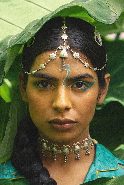 Suraksha | सुरक्षा Necklet in 925 sterling silver, worn by a model – neck pieces, Bhavya Ramesh