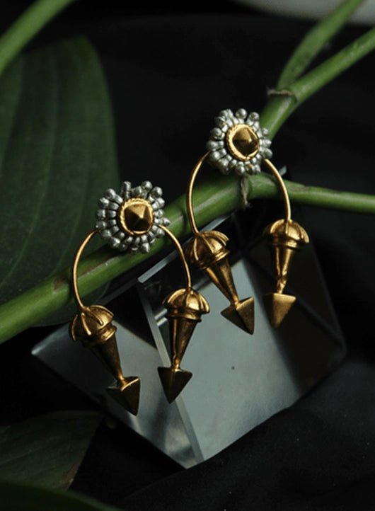 Surya Vamsh Earrings in 18-carat gold plating on sterling silver, product photo on black – earrings, Bhavya Ramesh