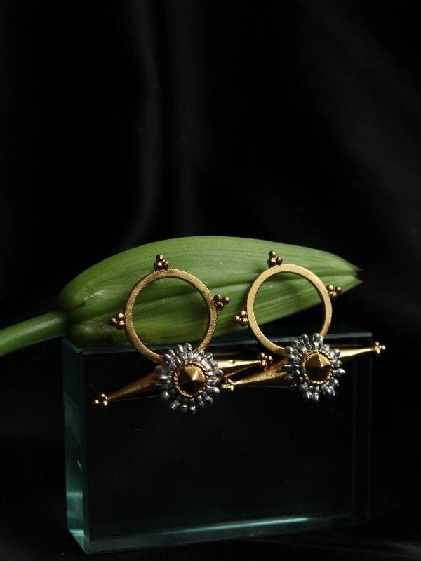 Tantra earring in 18-carat gold plating on sterling silver, product photo on black – earrings, Bhavya Ramesh
