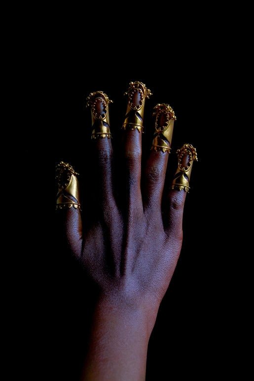 The Knight in 18-carat gold plating on sterling silver, product photo on black – nail rings, Bhavya Ramesh