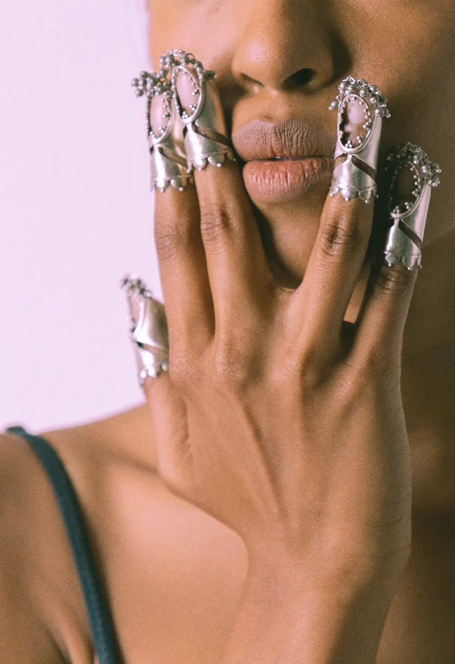 The Knight in 925 sterling silver, worn by a model – nail rings, Bhavya Ramesh