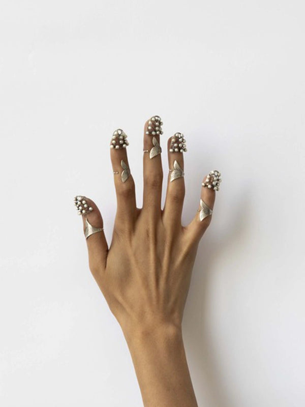 The Pearler in 925 sterling silver, worn by a model – nail rings, Bhavya Ramesh