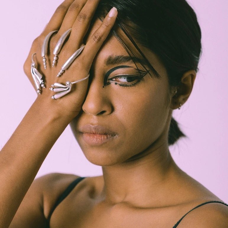The Predator Palm Cuff in sterling silver, worn by a model – palm cuff, Bhavya Ramesh
