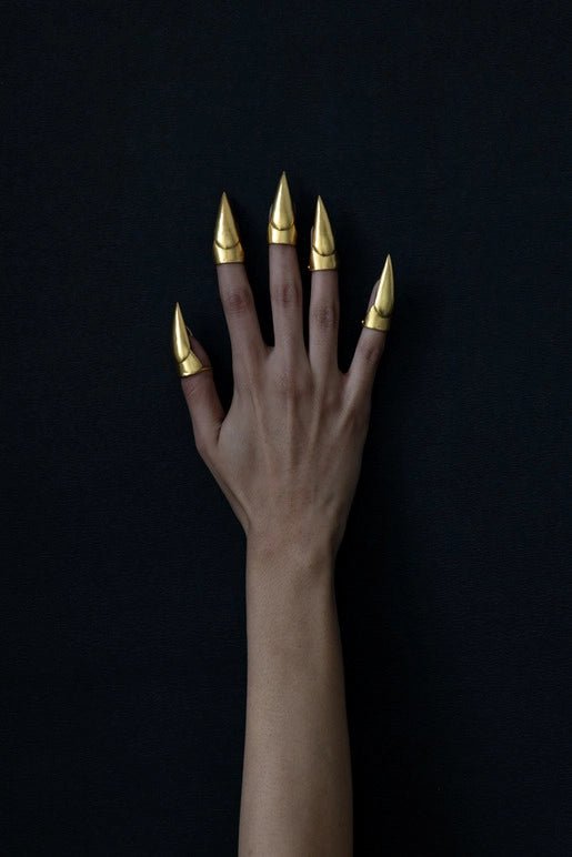The Witch in 18-carat gold plating on sterling silver, worn by a model – nail rings, Bhavya Ramesh