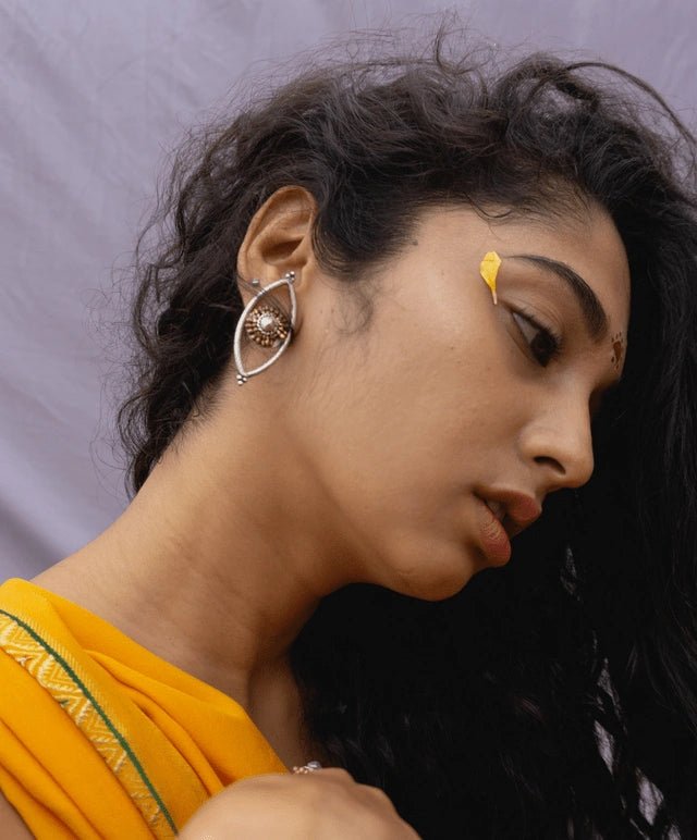 Third Eye Earring (Ajna Chakra) in 925 sterling silver, worn by a model – earrings, Bhavya Ramesh