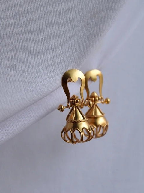 Trishul Jhumka in 18-carat gold plating on sterling silver, product photo on black – earrings, Bhavya Ramesh