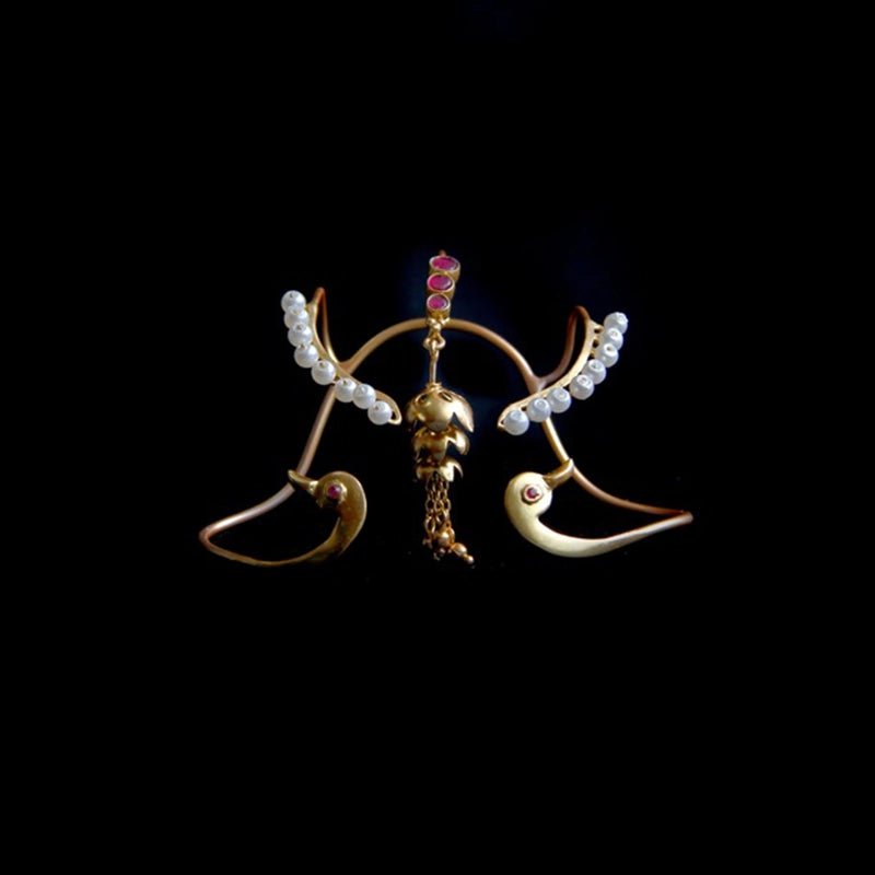 Twin Flames Palm Cuff in 18-carat gold plating on sterling silver, product photo on black – palm cuff, Bhavya Ramesh