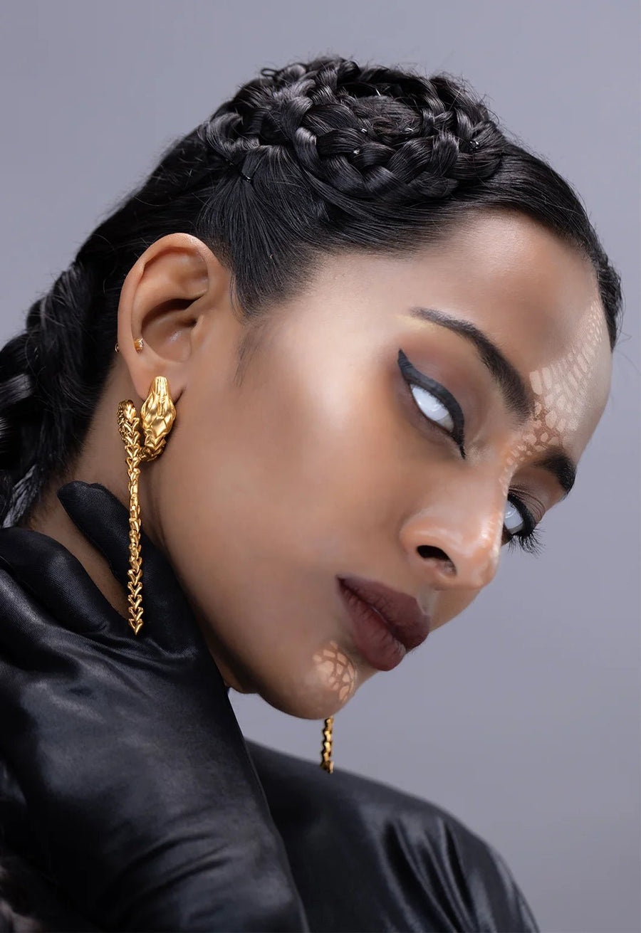 Ulupi Earring in 18-carat gold plating on sterling silver, worn by a model – earrings, Bhavya Ramesh