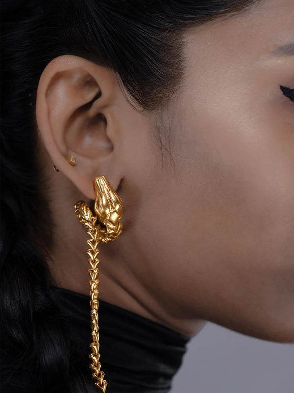 Ulupi Earring in 18-carat gold plating on sterling silver, worn by a model – earrings, Bhavya Ramesh