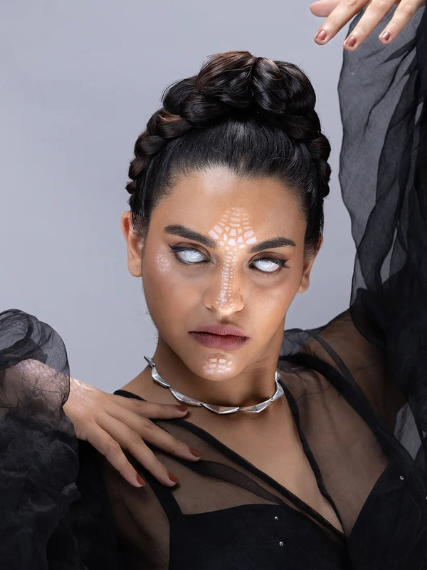 Vegavat Neckpiece in 925 sterling silver, worn by a model – neck pieces, Bhavya Ramesh