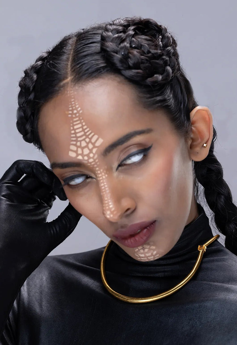 Vishrantha Neckpiece in 18-carat gold plating on sterling silver, worn by a model – neck pieces, Bhavya Ramesh