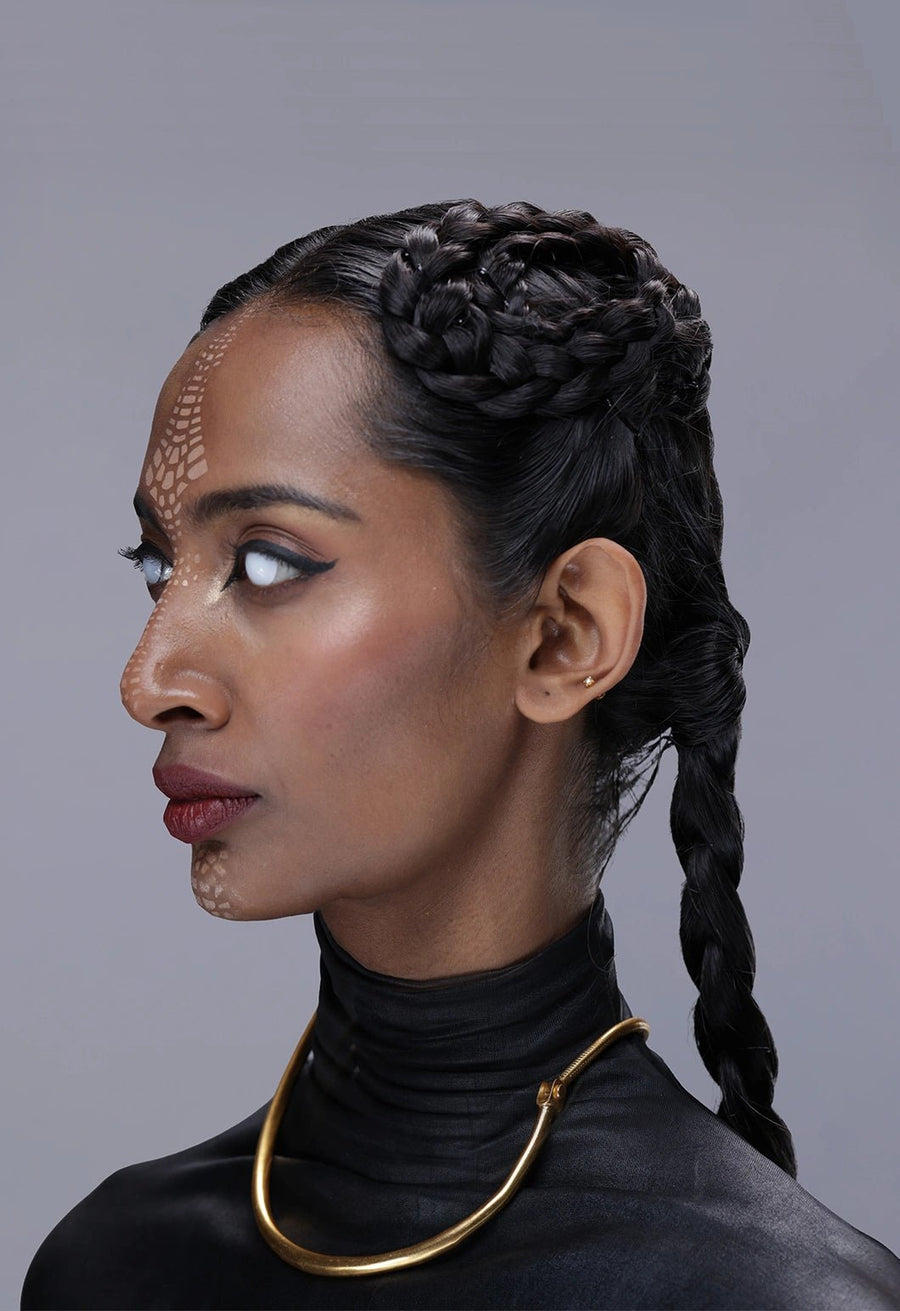 Vishrantha Neckpiece in 18-carat gold plating on sterling silver, worn by a model – neck pieces, Bhavya Ramesh