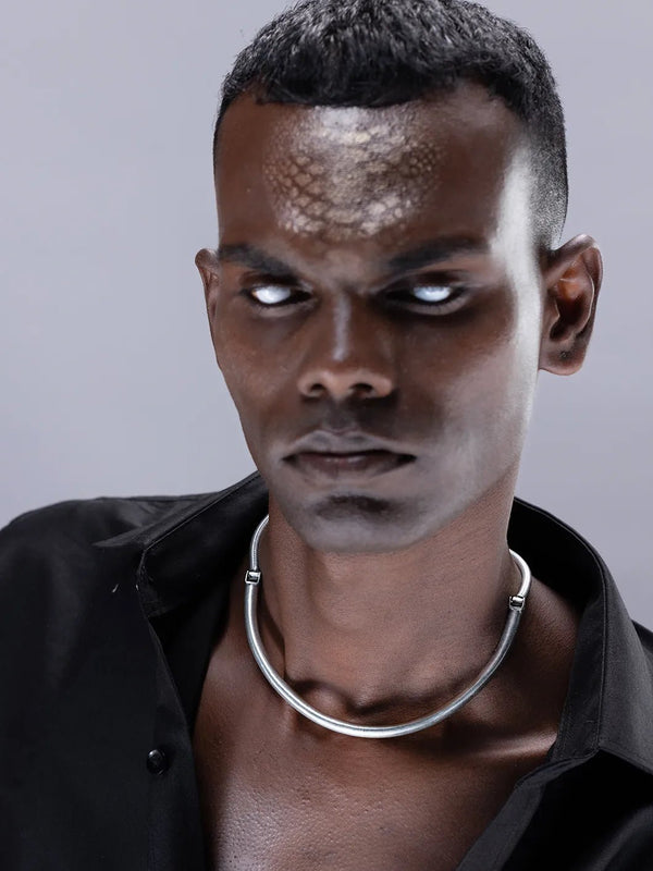 Vishrantha Neckpiece in 925 sterling silver, worn by a model – neck pieces, Bhavya Ramesh